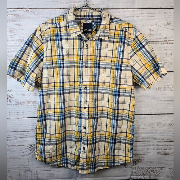PrAna Plaid Button-down Yellow And Blue Shortsleeve Mens Size Large Shirt - Picture 1 of 4